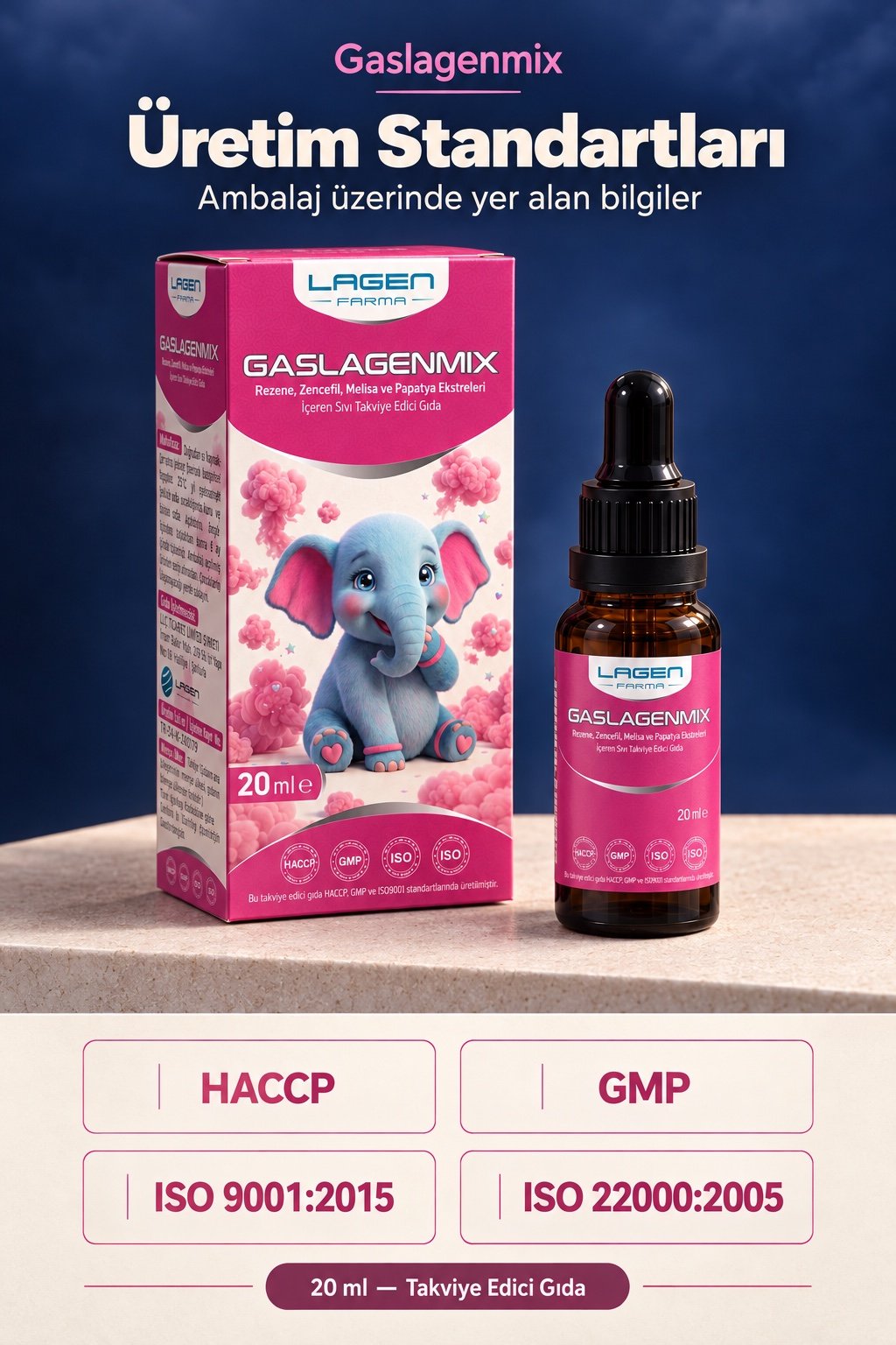 Gaslagenmix — Üretim Standartları. Ambalaj üzerinde yer alan bilgiler: HACCP, GMP, ISO 9001:2015, ISO 22000:2005. 20 ml — Takviye Edici Gıda.