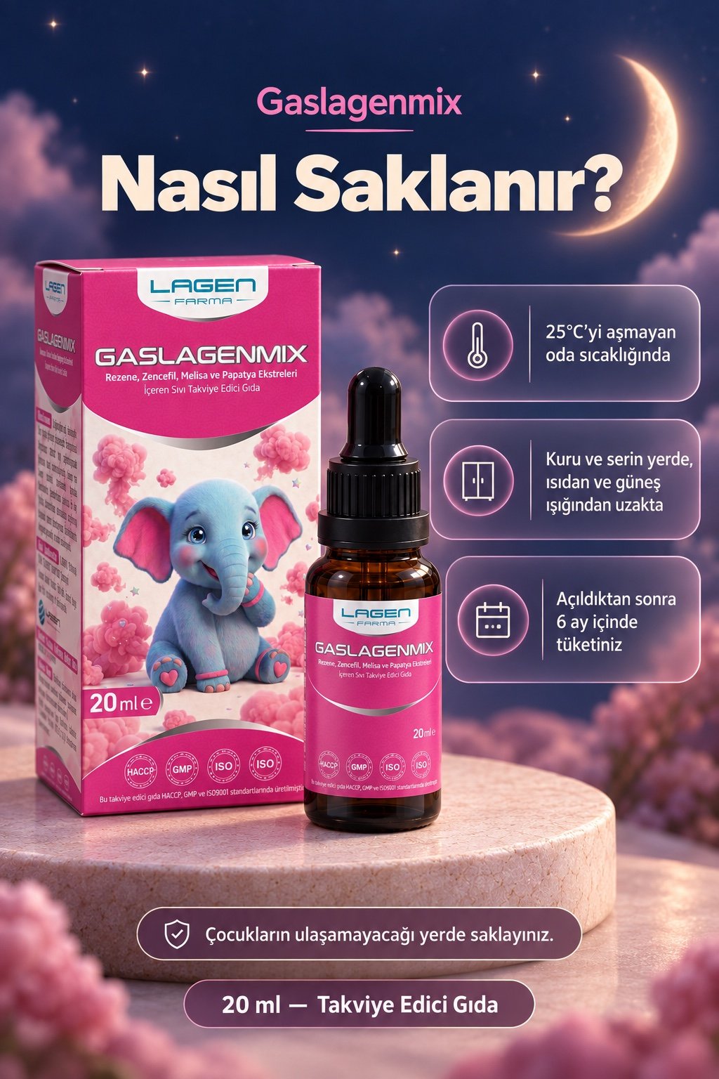 Gaslagenmix — Nasıl Saklanır?. 25°C'yi aşmayan oda sıcaklığında; kuru ve serin yerde; ısıdan ve güneş ışığından uzakta; açıldıktan sonra 6 ay içinde tüketiniz; çocukların ulaşamayacağı yerde saklayınız.