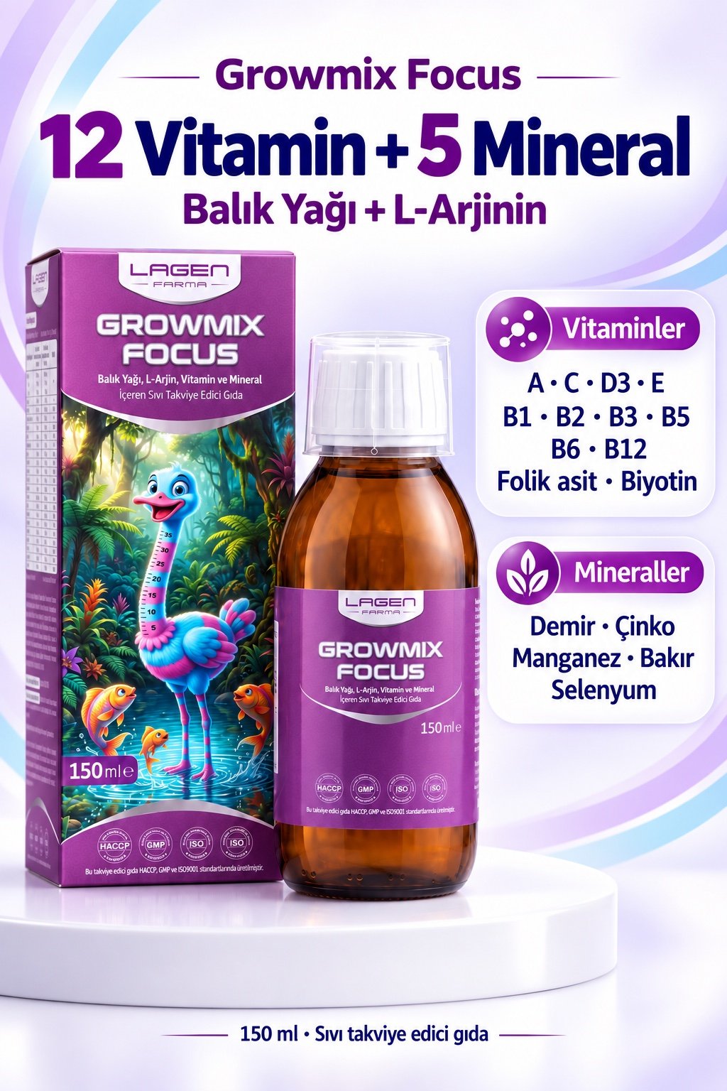 Growmix Focus — 12 Vitamin + 5 Mineral. Balık Yağı + L-Arjinin. Vitaminler: A, C, D3, E, B1, B2, B3, B5, B6, B12, folik asit, biyotin. Mineraller: demir, çinko, manganez, bakır, selenyum.