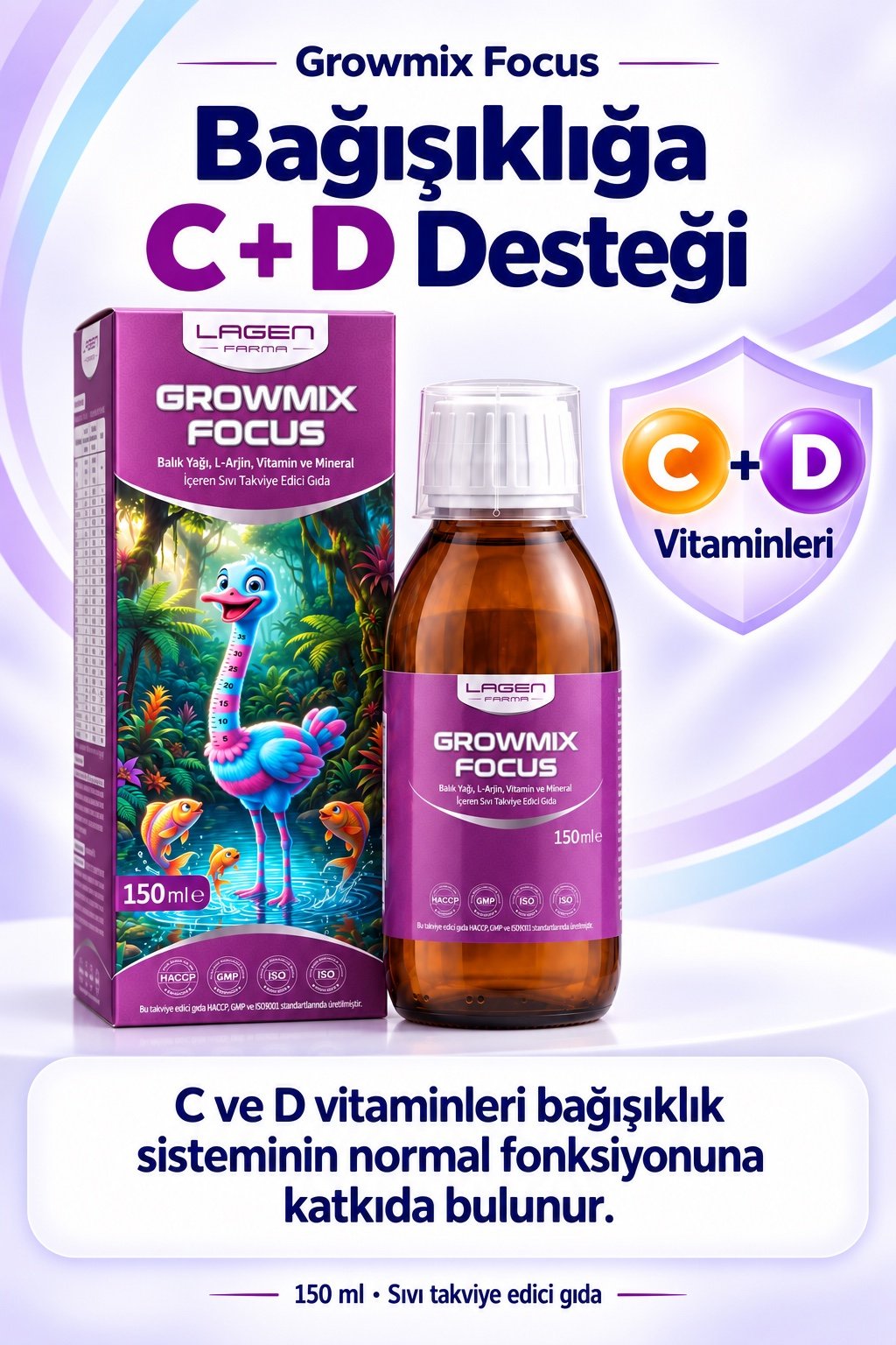 Growmix Focus — Bağışıklığa C + D Desteği. C ve D vitaminleri bağışıklık sisteminin normal fonksiyonuna katkıda bulunur.