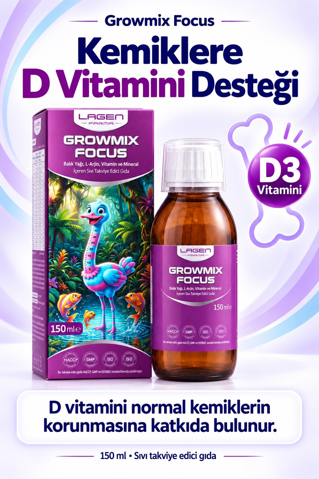 Growmix Focus — Kemiklere D Vitamini Desteği. D vitamini normal kemiklerin korunmasına katkıda bulunur.